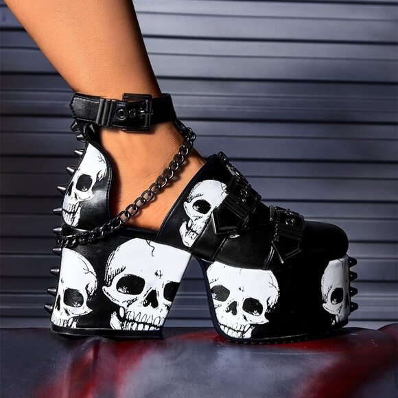 ⚡Women's Skull Design Silver Spiked Studs Chunky Platform Black Wedges Shoes - Picture 3 of 7